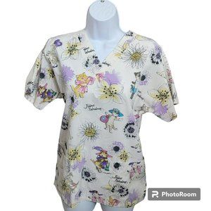 Scrub H.Q. Scrub Top, Women XS, Multi-Color Feline & Flowers, Pockets, GUC